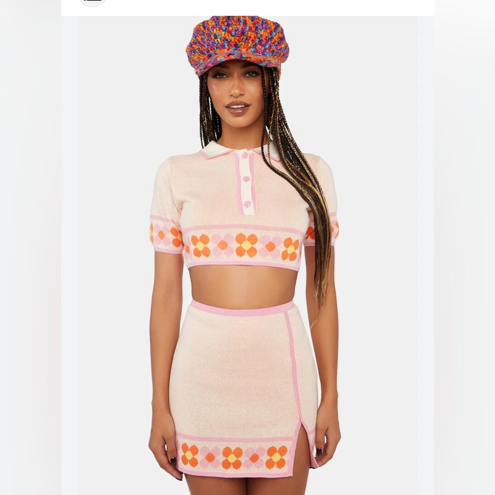 Another Girl Knit Floral Trim Top and Mini Skirt Set